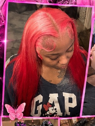 Bright red wig installation